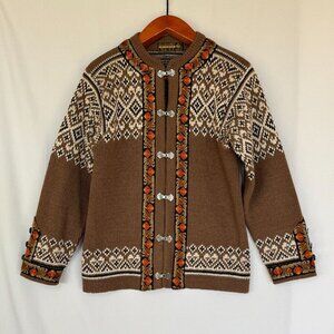 Vintage Nordstrickk  Brown 100% Wool Nordic Fair Isle Silver Closure Cardigan